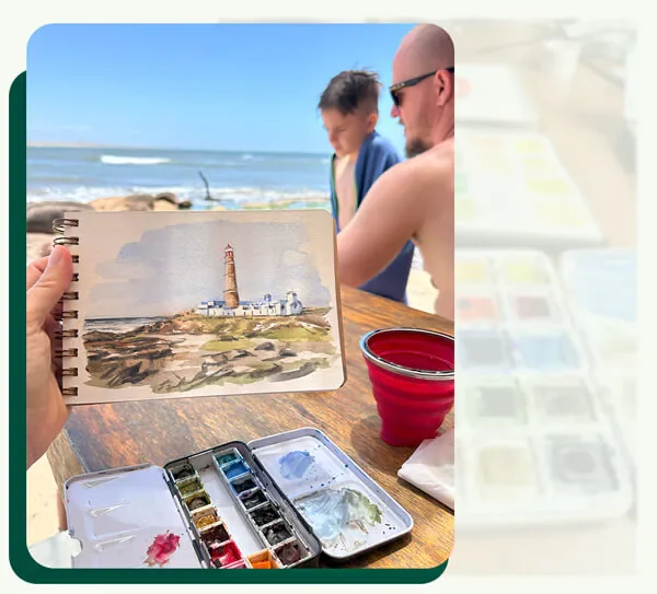 Alunos pintando paisagens em aquarela na praia