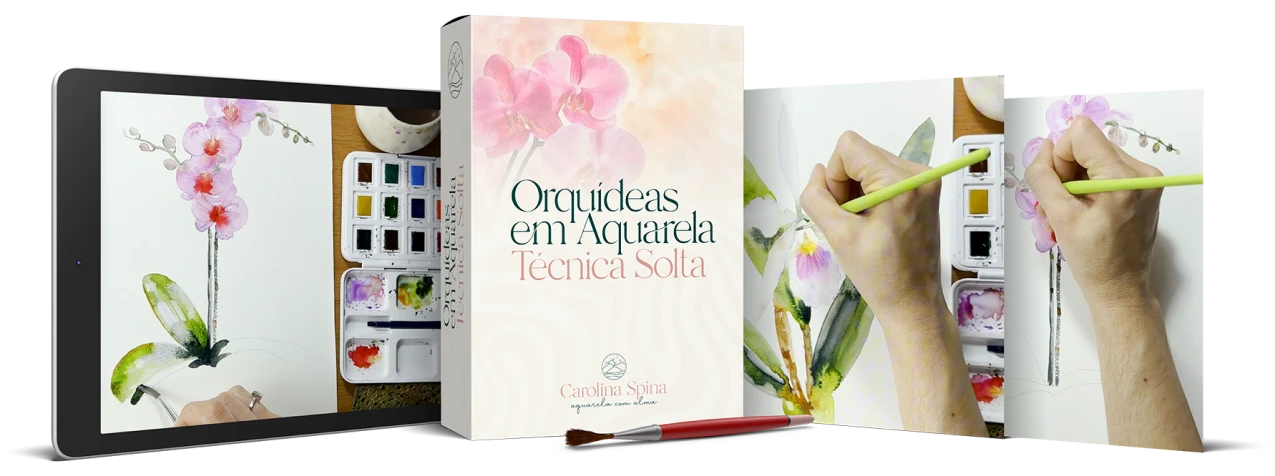 Mockup do curso Orquídeas em Aquarela: Técnica Solta — iPad, apostila e material de aquarela