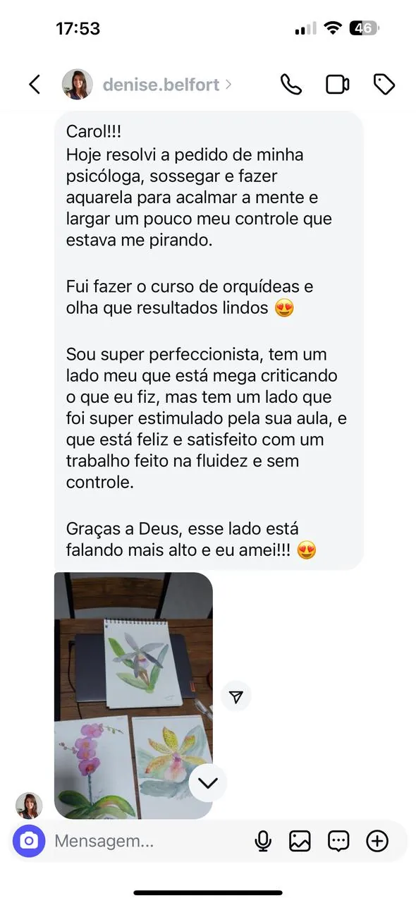 Print do depoimento de aluna que foi por indicação da psicóloga, com foto das aquarelas dela