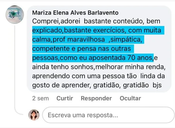Print do comentário de aluna aposentada de 70 anos
